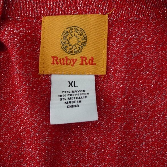 Ruby Rd Cardigan Sweater Women's Size XL Red Silver Sparkle Long Open Front - Picture 7 of 9
